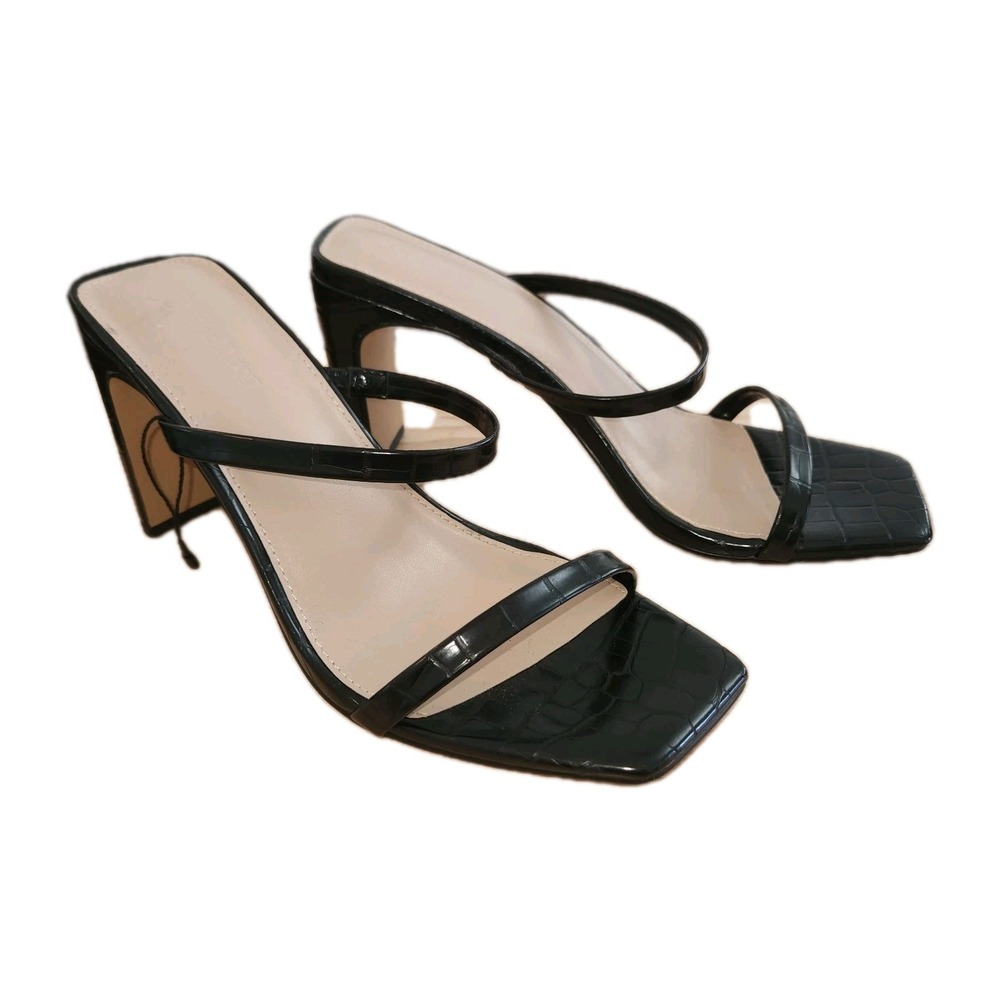 The Drop Womens Avery Square Toe Two Strap High Heeled Sandals Sz 8.5 Black Croc